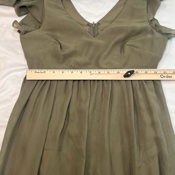 Birdy Grey Hannah Dress Size M Olive Green Chiffon Sage Empire Flutter Sleeves - Picture 8 of 15